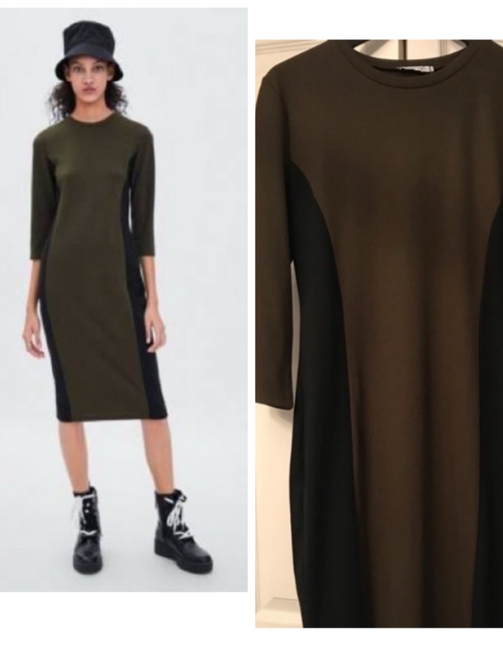 Zara Olive Green and Black Crewneck Midi Dress